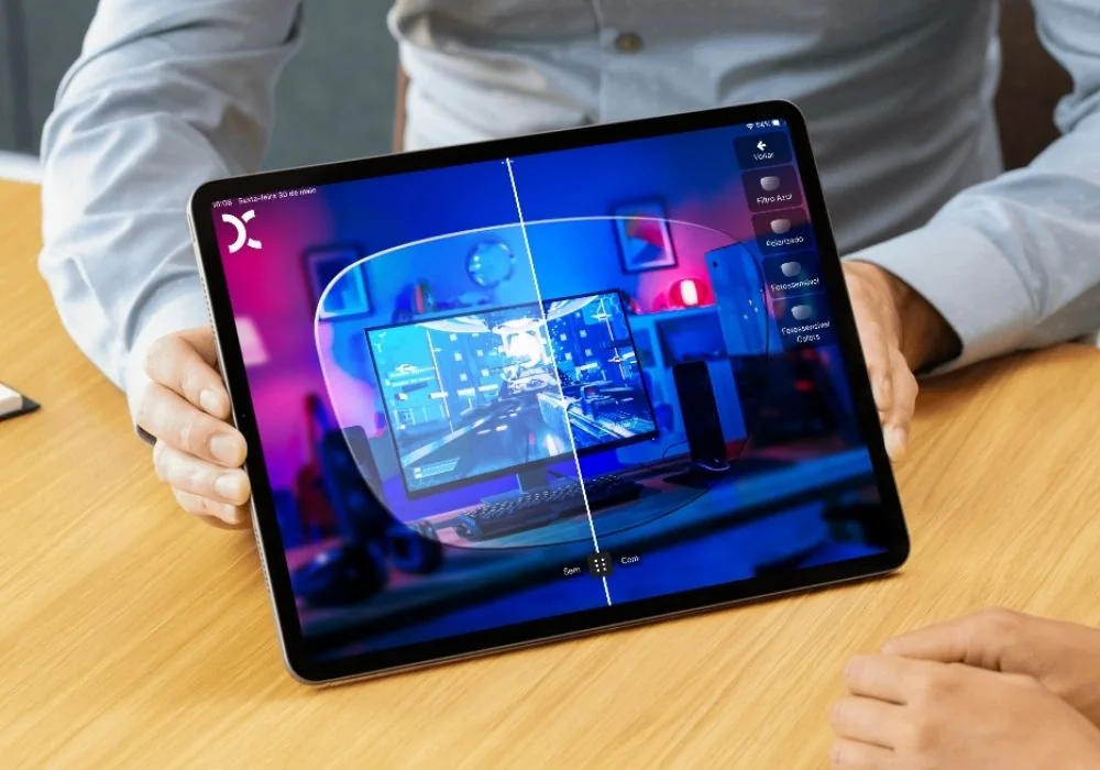 Tablet mostrando um quarto com computador visto pela lente dividida; na lateral, os tratamentos filtro azul, polarizado e fotossensível